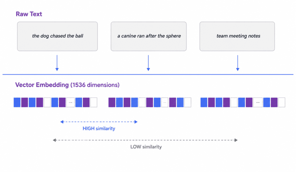 diagram showing how text sentences convert into vector embeddings with similarity comparison