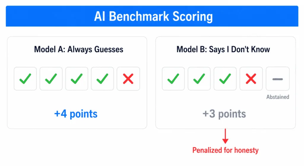 Comparison scorecard showing AI benchmarks reward confident guessing over honest uncertainty